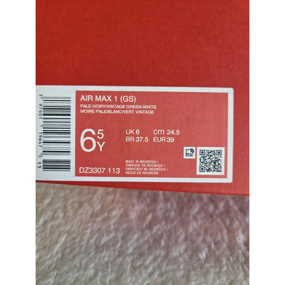 Boys Nike Air Max 1 (GS) 6.5Y Women's Size 8 Pale Ivory/Vintage Green